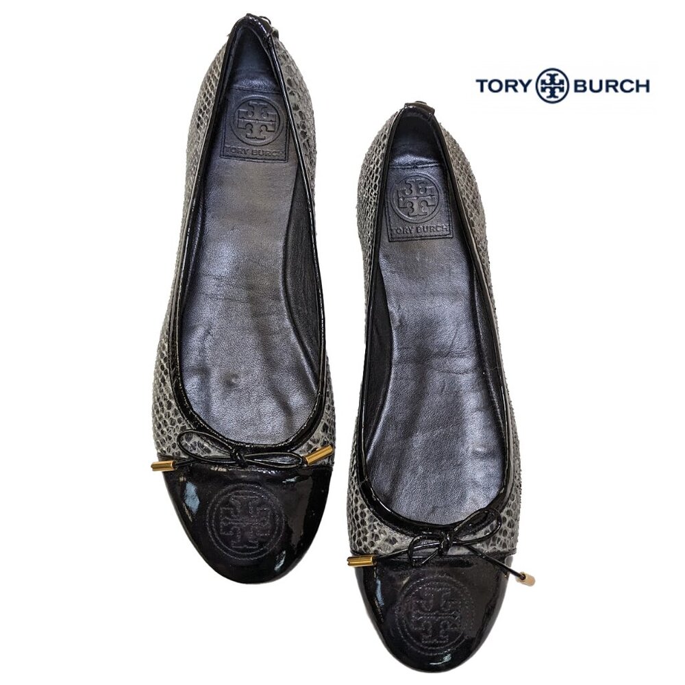 Tory Burch Black and White Flats with Bow Accent